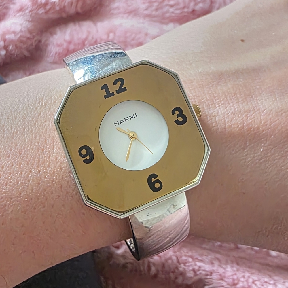 Narmi Gold & Silver Geometric Bangle Watch | Modern Art Deco Cuff Style